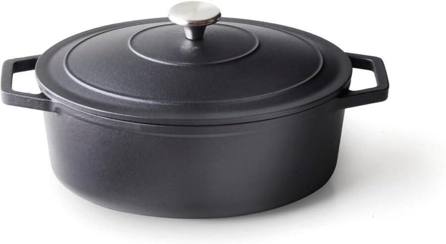 Gietijzeren Braadpan Stoofpan Ovenschaal Langzaam Koken Gelijkmatige Warmte 28 cm Rond Mat Zwart
