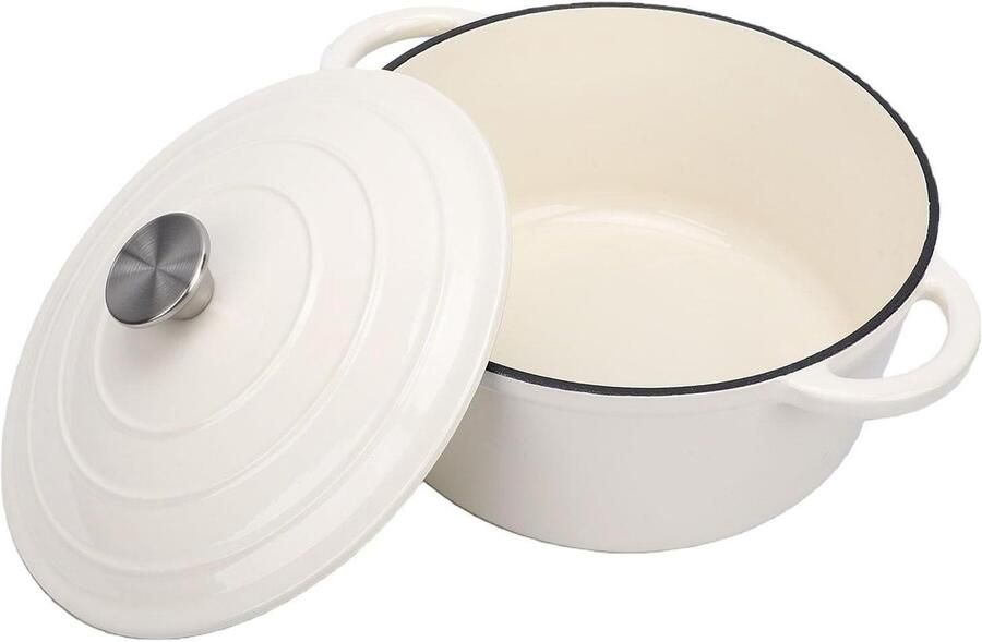 Gietijzeren Braadpan Zware Kookpot Langzaam Koken Zelfbedruipend Deksel 26CM Wit