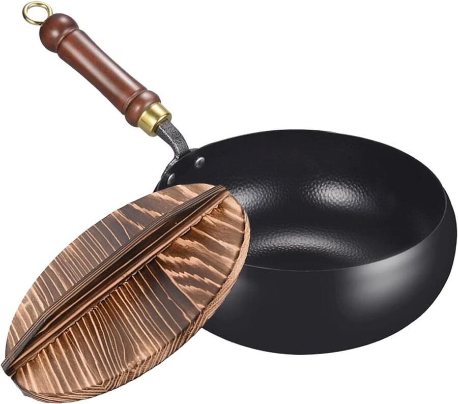Gietijzeren braadwok Wokpan met deksel Traditioneel koken Voorgekruid koolstofstaal 24 cm diameter Zwart