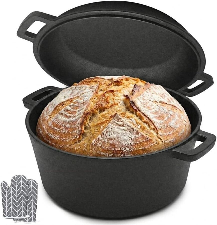 Gietijzeren Broodbakpan Braadpan Deksel Broodbakken Stoven 2-in-1 Design 47 L Zwart