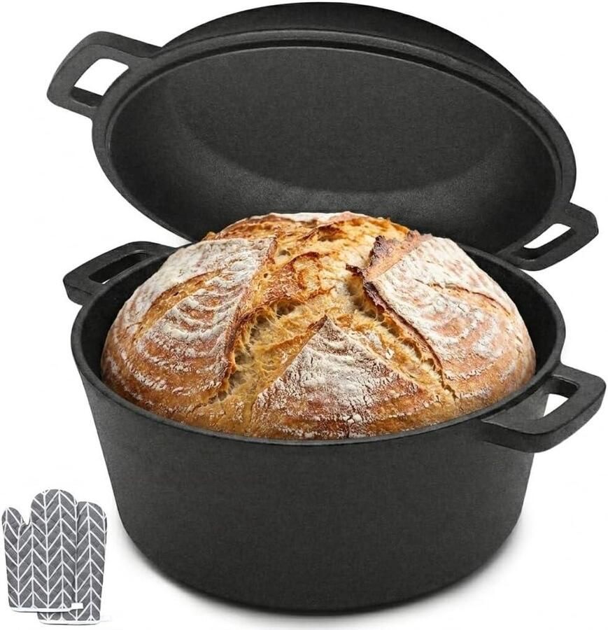 Gietijzeren Broodbakpan Braadpan met Deksel Brood Bakken 2-in-1 Ontwerp 47 liter Zwart