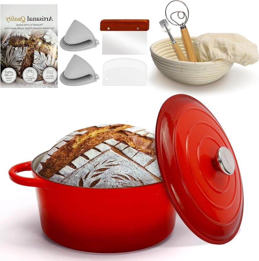 Gietijzeren Broodoven Dutch Oven Broodbakken Zelf Brood Bakken Gelijkmatige Warmteverdeling 5 Liter Rood