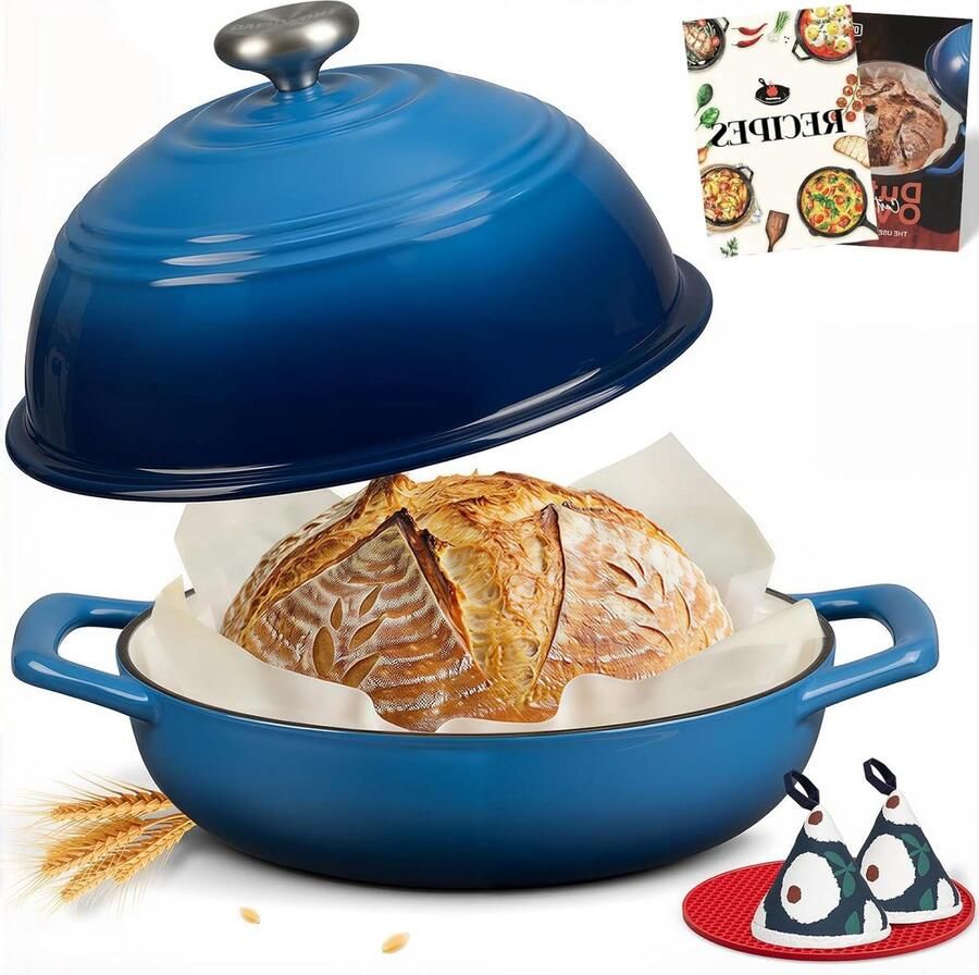 Gietijzeren Broodoven Hollandse Oven Zuurdesem Bakken Geëmailleerd Oppervlak 6QT Capaciteit Blauw
