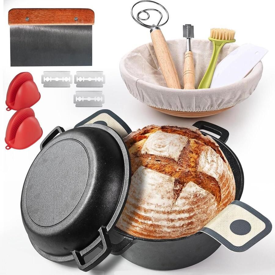 Gietijzeren Broodoven Nederlandse Oven Broodpan Brood Bakken Met Banneton Mand 5 Quarts Zwart