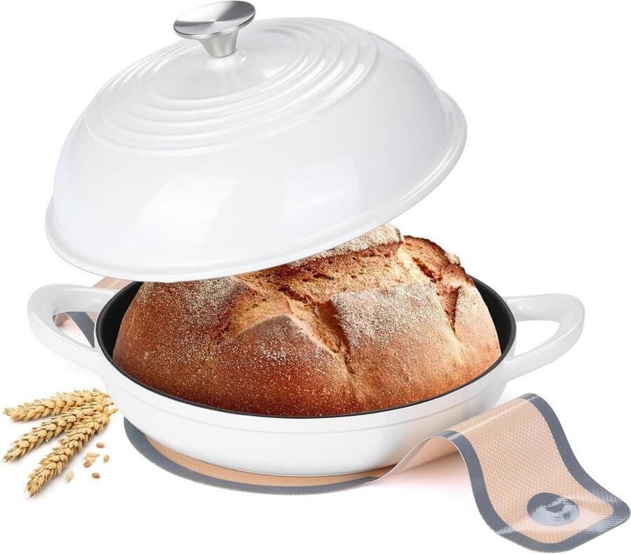 Gietijzeren Broodoven Nederlandse Oven Broodpan Zuurdesem Brood Bakken Unieke Koepelvormige Deksel 6 Liter Wit