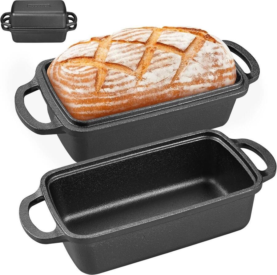 Gietijzeren Broodpan Bakvorm met Deksel Zelf Brood Bakken Dubbele Functie Oven Set van 2 Zwart