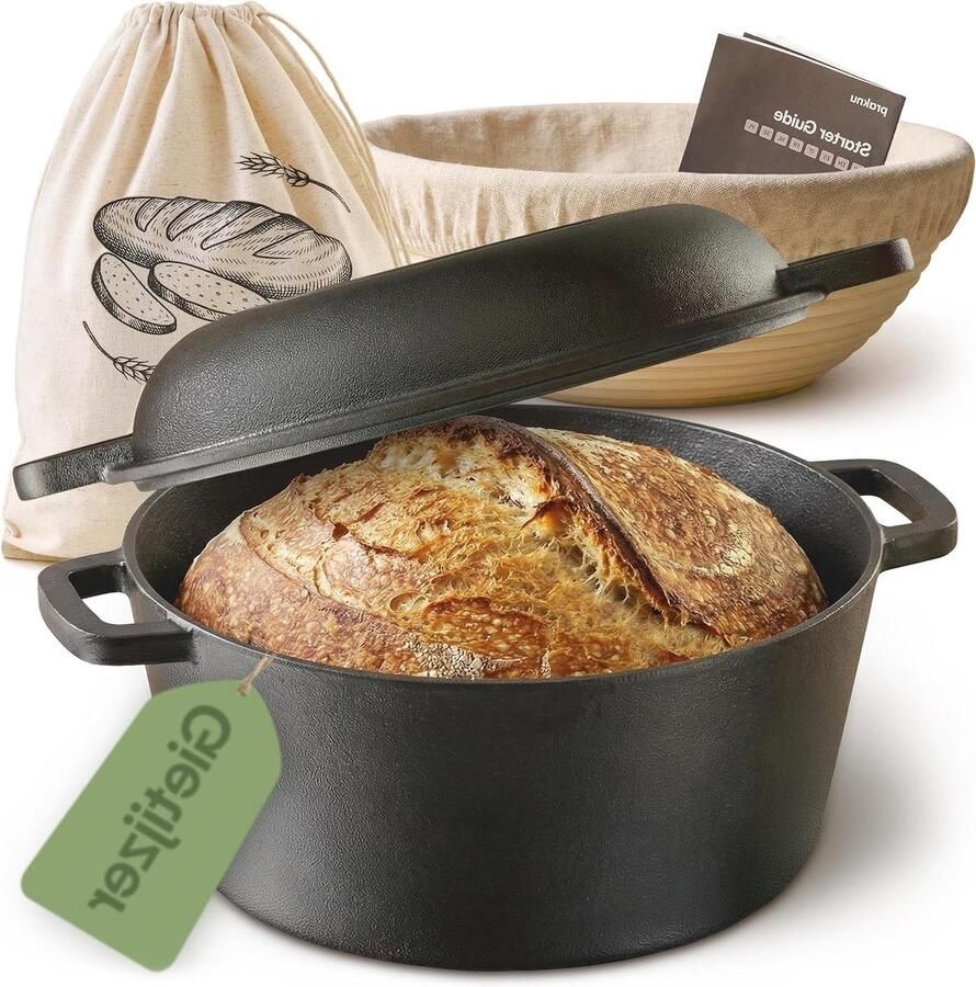 Gietijzeren Broodpan Braadpan Deksel Brood Bakken Compleet met Rijsmand 4.7 Liter Zwart