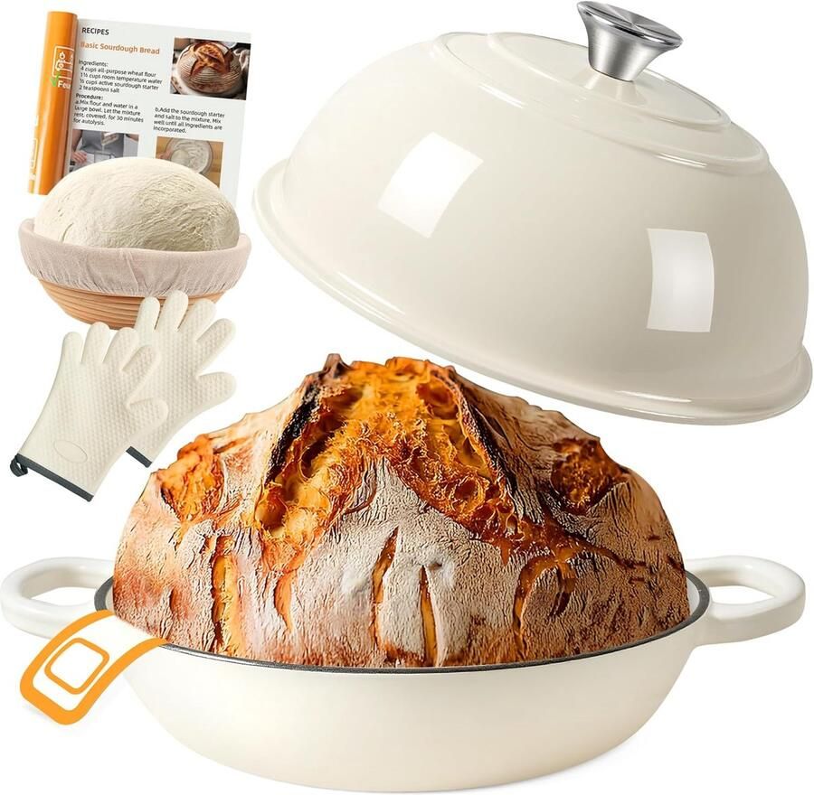 Gietijzeren Broodpan Stoofpan Braadpan Brood Bakken Stoven Geëmailleerd Deksel 57 Liter Wit