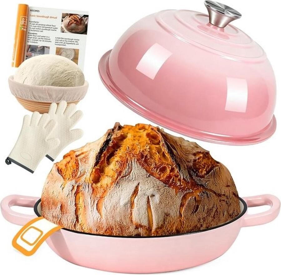 Gietijzeren broodpan Stoofpan en braadpan Brood bakken Geëmailleerd gietijzer 5.7 Liter Roze