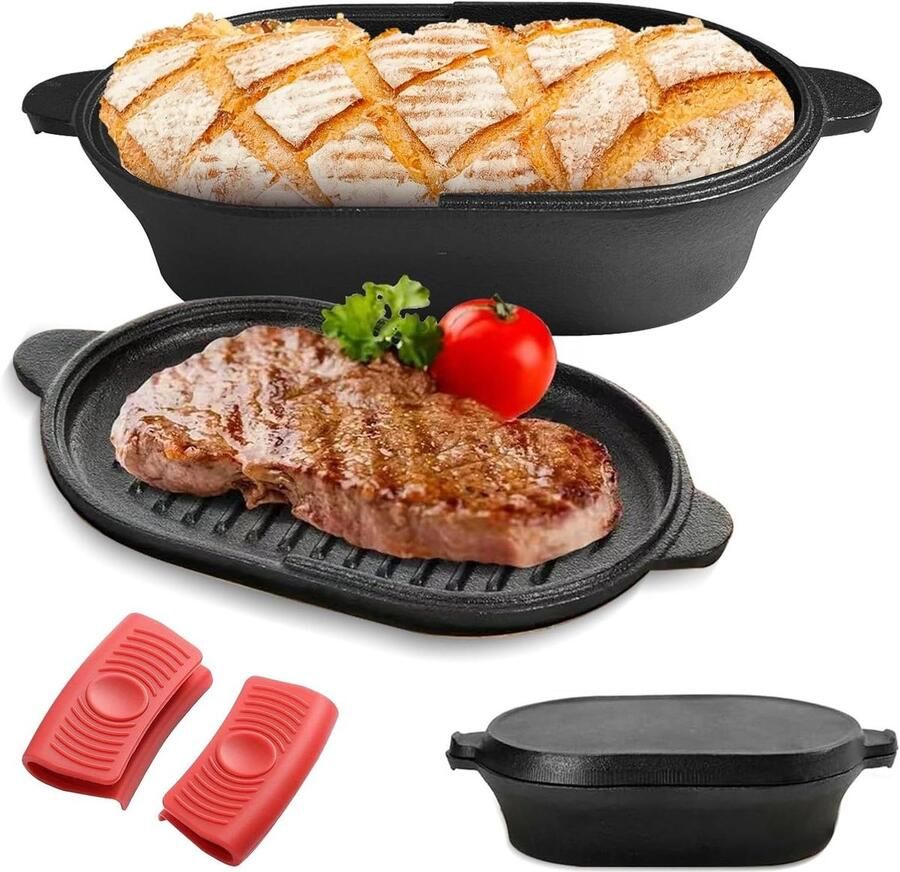 Gietijzeren broodtrommel Bakvorm met deksel Brood bakken 2-in-1 ontwerp 28 cm Zwart