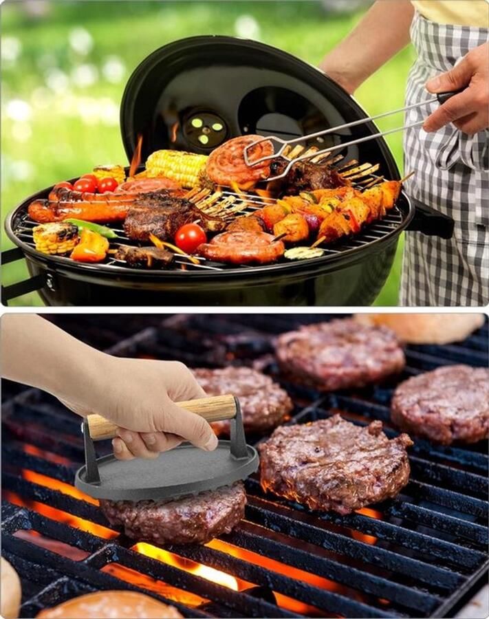 Gietijzeren burgerpers met antiaanbaklaag en houten handvat 17 5 cm voor perfecte hamburgers grillen en barbecueën - Foto 2