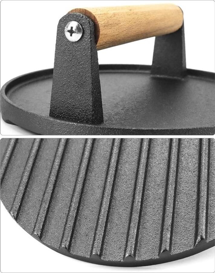 Gietijzeren burgerpers met antiaanbaklaag en houten handvat 17 5 cm voor perfecte hamburgers grillen en barbecueën