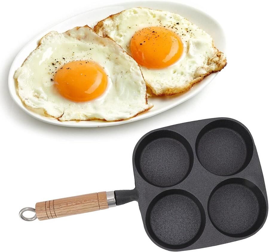 Gietijzeren Eierkoekenpan met 4 Compartimenten en Houten Handvat Perfect voor Ontbijt Pannenkoeken en Omeletten