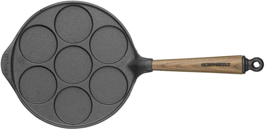 Gietijzeren Eierpan voor 7 Pannenkoekjes met Walnoothouten Handvat