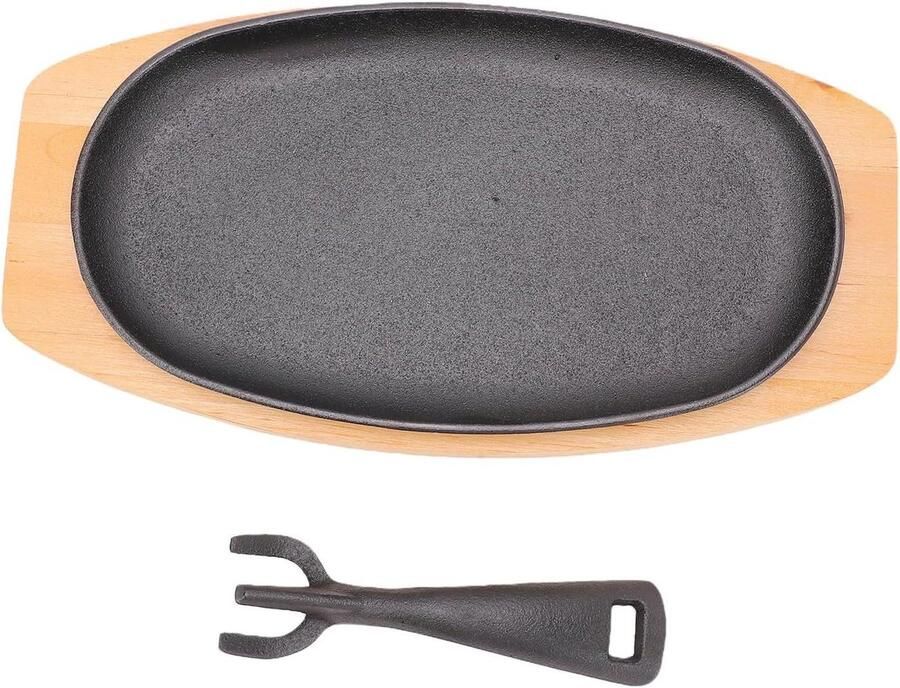Gietijzeren Fajita Pan Sissende Steakplaat Koekenpan Warme Maaltijden Serveren Inclusief Houten Basis 24 x 14 cm