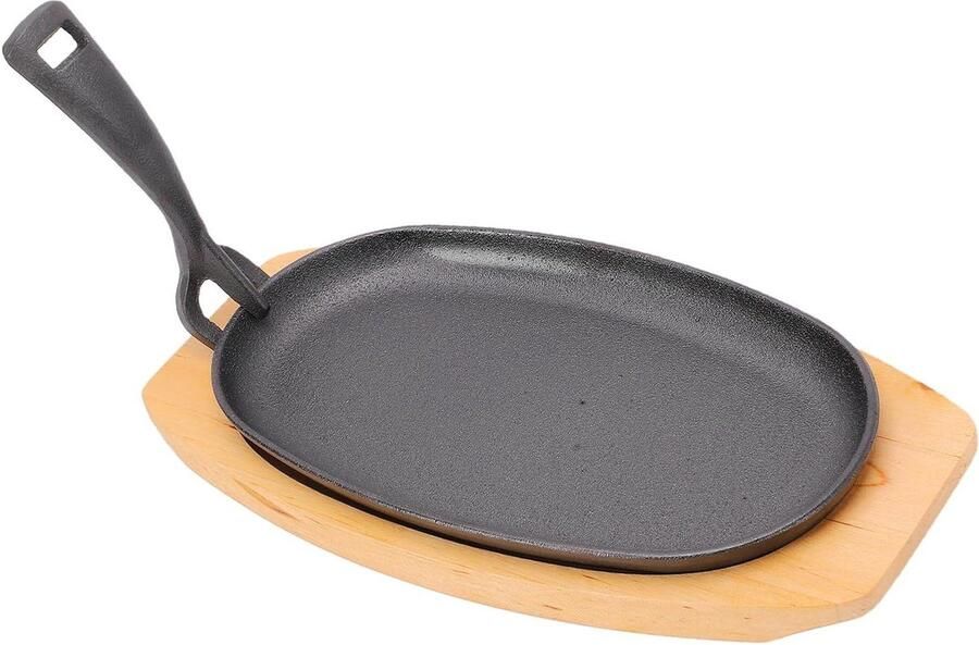 Gietijzeren Fajita Pan Sissende Steakplaat Serveren van Warme Gerechten Met Houten Basis 24x14 cm Zwart