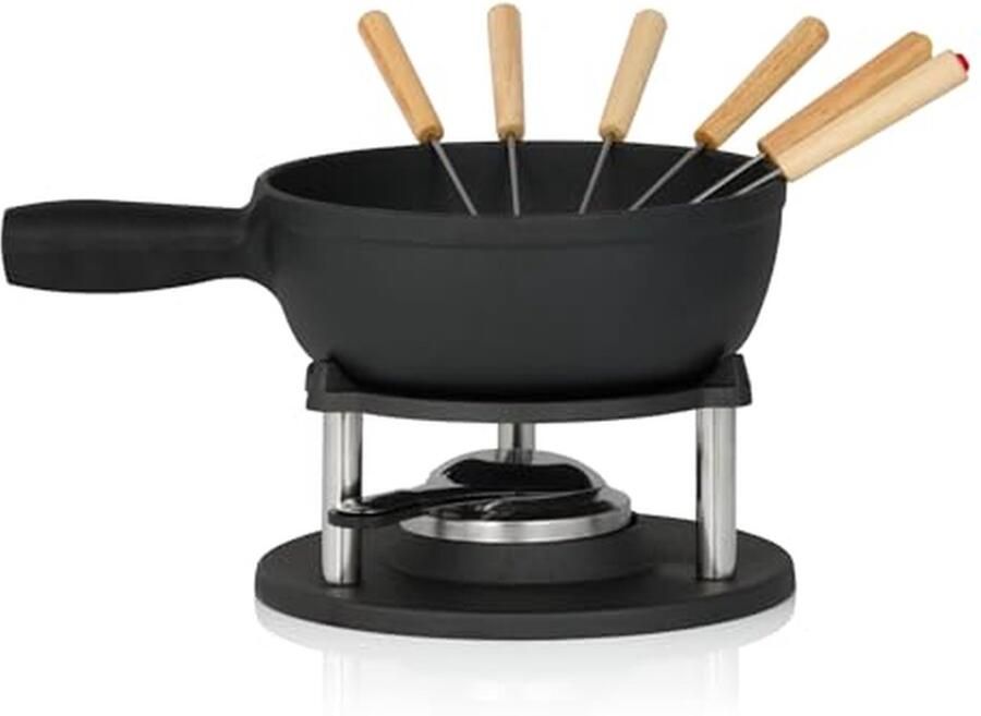 Gietijzeren Fondueset Fonduepan Complete Gezellig Tafelen Inclusief 6 Vorken 2 Liter Inhoud Zwart