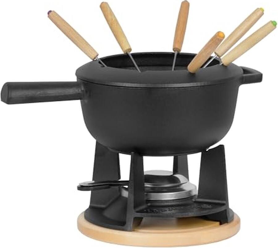 Gietijzeren Fondueset Kaasfondue Vleesfondue Gezellig Tafelen Voor 6 personen 2 liter inhoud Zwart