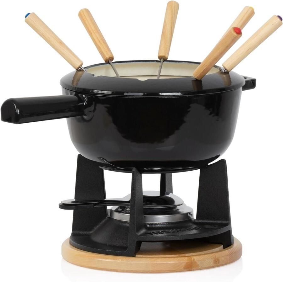Gietijzeren fondueset Kaasfondue set Gezellige avonden Inclusief 6 vorken 6 personen Zwart