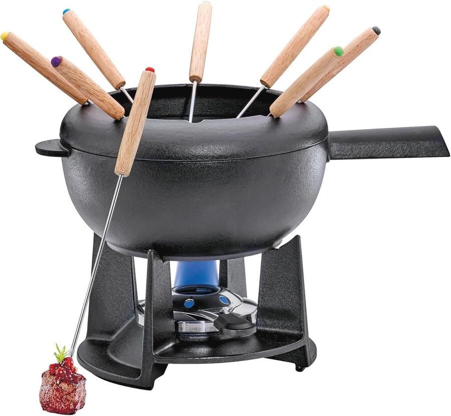 Gietijzeren Fondueset met Deksel 20 cm Inclusief 8 Fondue Vorken Ideaal Voor Kaas- en Vleesfondue