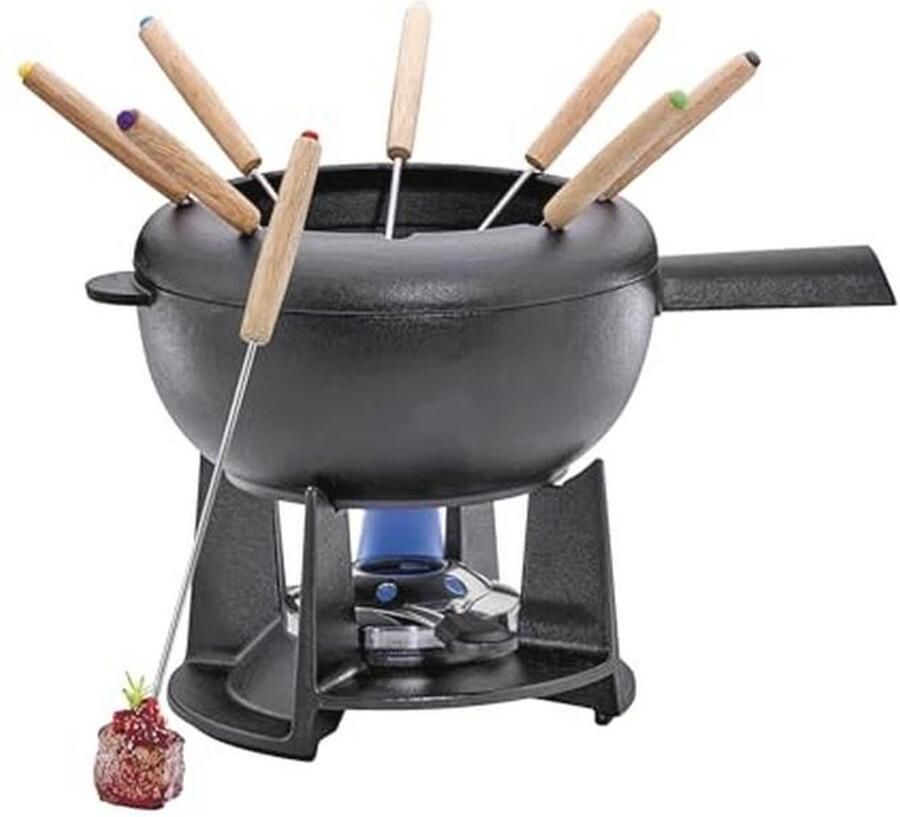 Gietijzeren Fondueset met Deksel 20 cm Inclusief 8 Fondue Vorken Ideaal Voor Kaas- en Vleesfondue