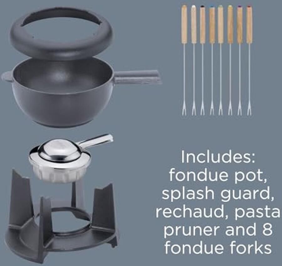 Gietijzeren Fondueset met Deksel 20 cm Inclusief 8 Fondue Vorken Ideaal Voor Kaas- en Vleesfondue
