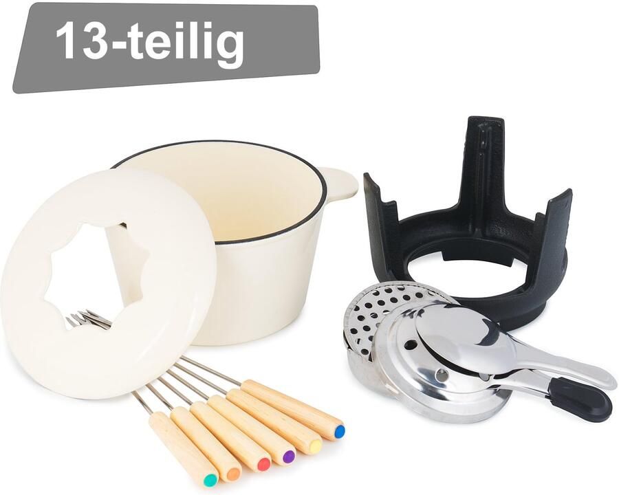 Gietijzeren fondueset voor 6 personen 1 liter fondueset 13-delig met brander en vorken fondueset kaasfondueset vleesfondueset chocoladefondueset (crème geëmailleerd)
