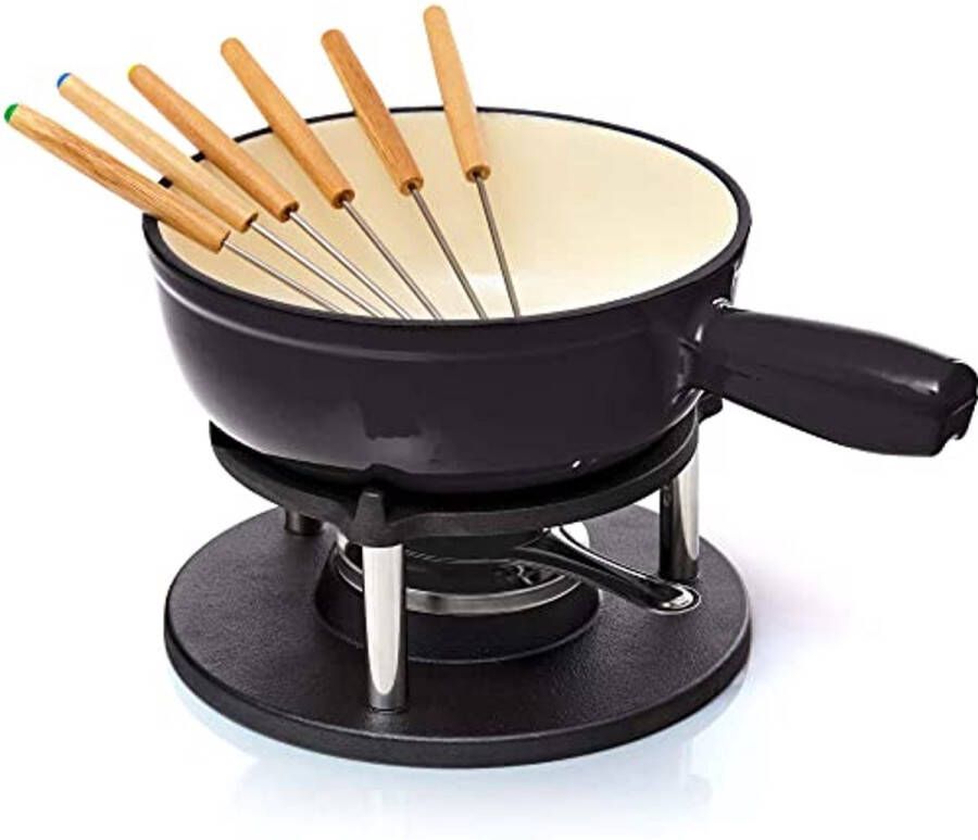 Gietijzeren fondueset voor 6 personen 9-delig met brander en 6 vorken geschikt voor kaas chocolade vlees en groente fondue