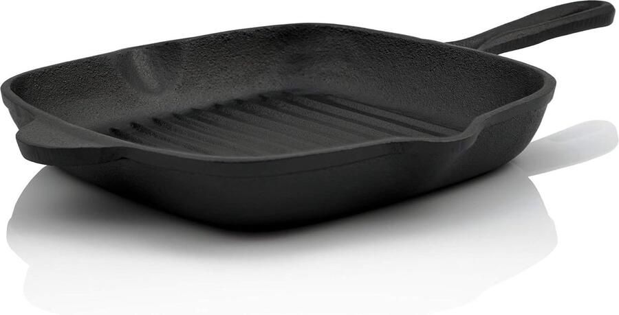 Gietijzeren Geribbelde Steakpan 26x26 cm Hoekig Voor Grill en Inductie