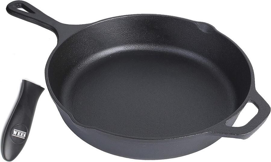 Gietijzeren grill- braadpan 26 cm geschikt voor alle warmtebronnen en inductie preseasoned met siliconen handgreep