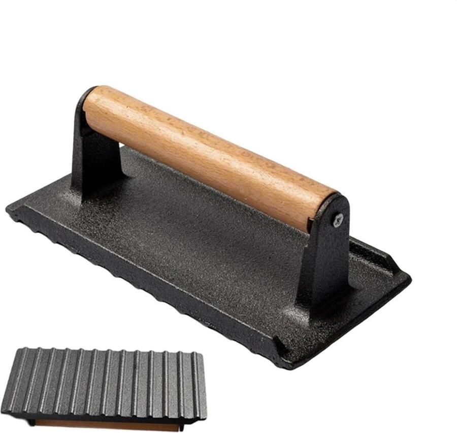 Gietijzeren Grill Gewicht Steak Press Burger Gewicht Gelijkmatig Grillen Ergonomisch Houten Handvat 980 g Zwart