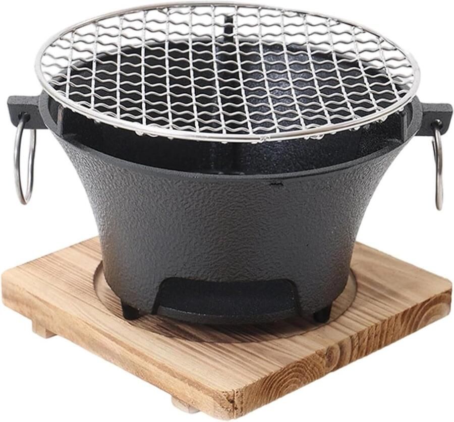 Gietijzeren Grill Japanse Kookplaat Buiten Koken Houten Basis 20 cm Diameter Zwart