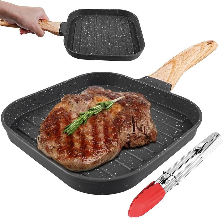 Gietijzeren Grillpan 18x18 cm Rechthoekig met Afneembare Handgreep voor Inductie