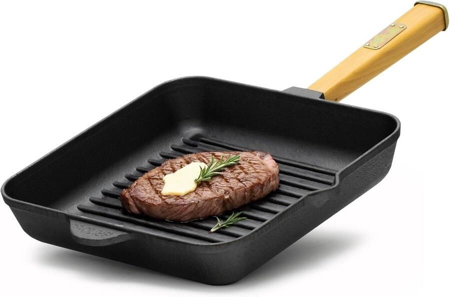 Gietijzeren Grillpan 28 cm met Houten Handvat Steakpan voor Inductie Gas en BBQ
