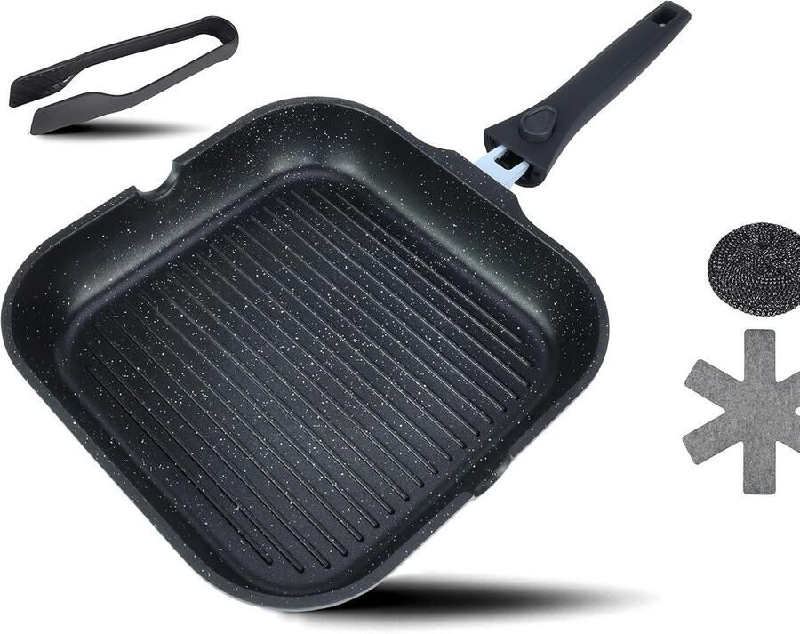 Gietijzeren Grillpan 28x28 cm met Afneembare Greep voor Inductie