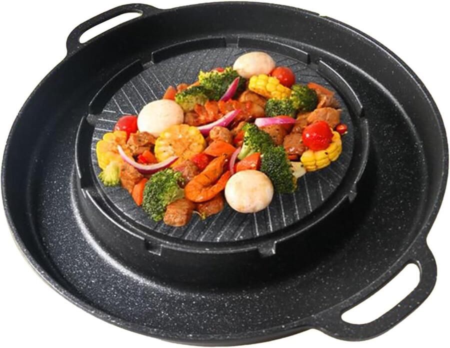 Gietijzeren Grillpan Antiaanbak Buiten Koken 2-in-1 Functie 33.5 cm Zwart