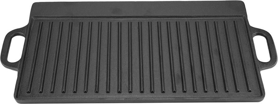 Gietijzeren Grillpan Bakplaat Dubbelzijdig Koken op Fornuis Geribbeld Vlak Oppervlak 28 x 53 cm Zwart