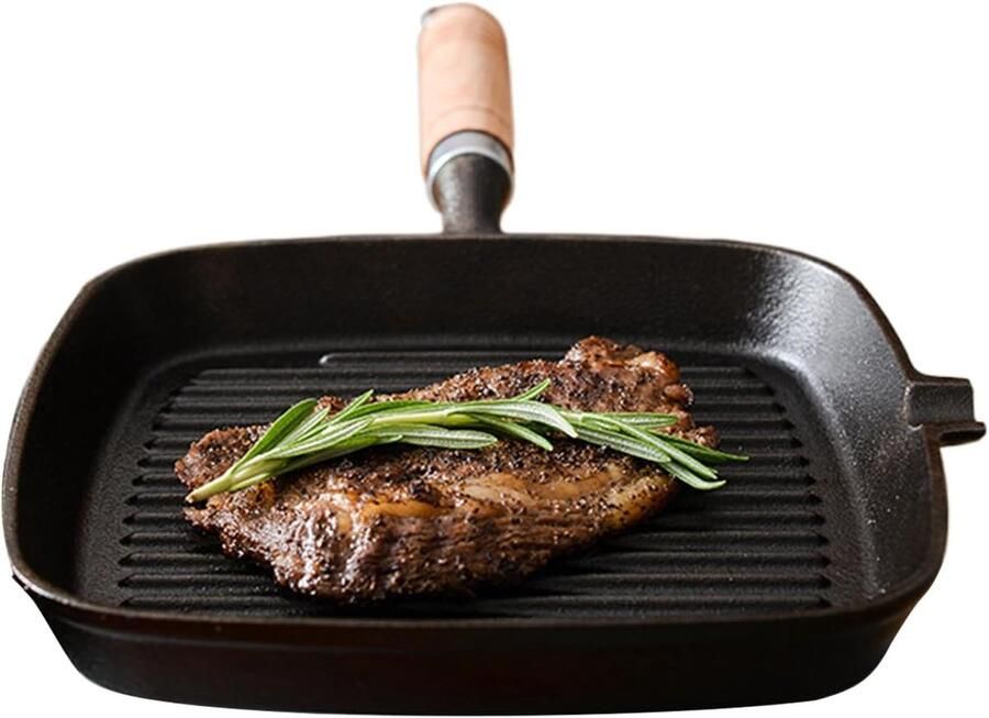 Gietijzeren Grillpan Bakplaat Keukengerei Broodjes Burgers Spek Gelijkmatige Warmteverdeling 28 x 24 x 45 cm Zwart