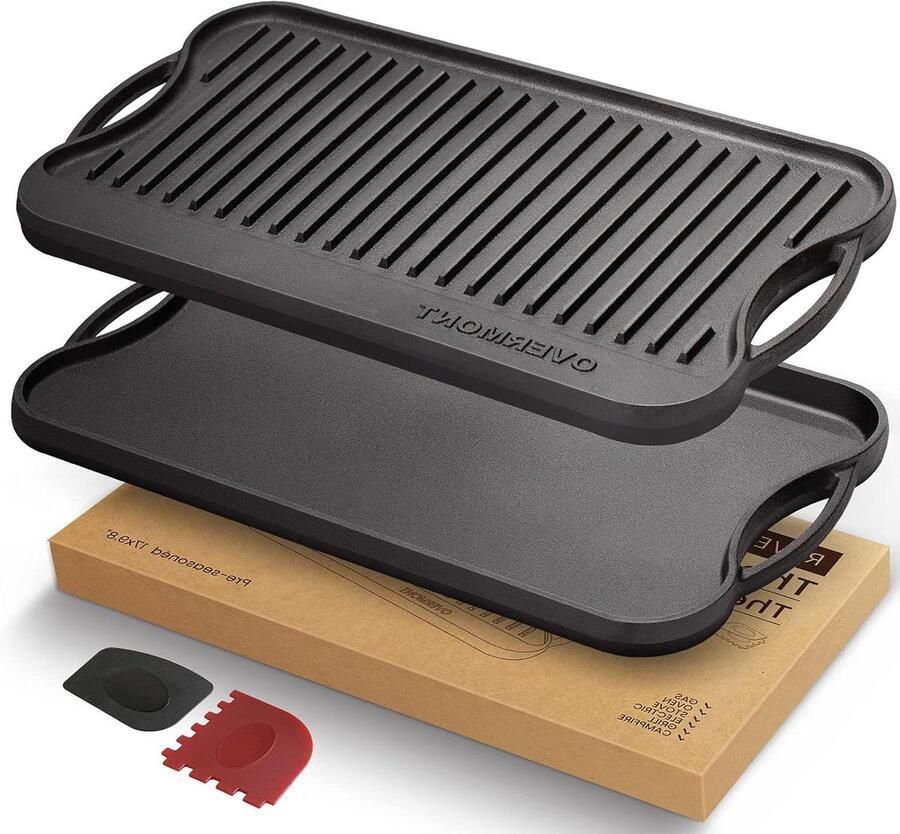 Gietijzeren Grillpan Bakplaat Koken op vuur Dubbelzijdig gebruik 43 x 25 cm Zwart