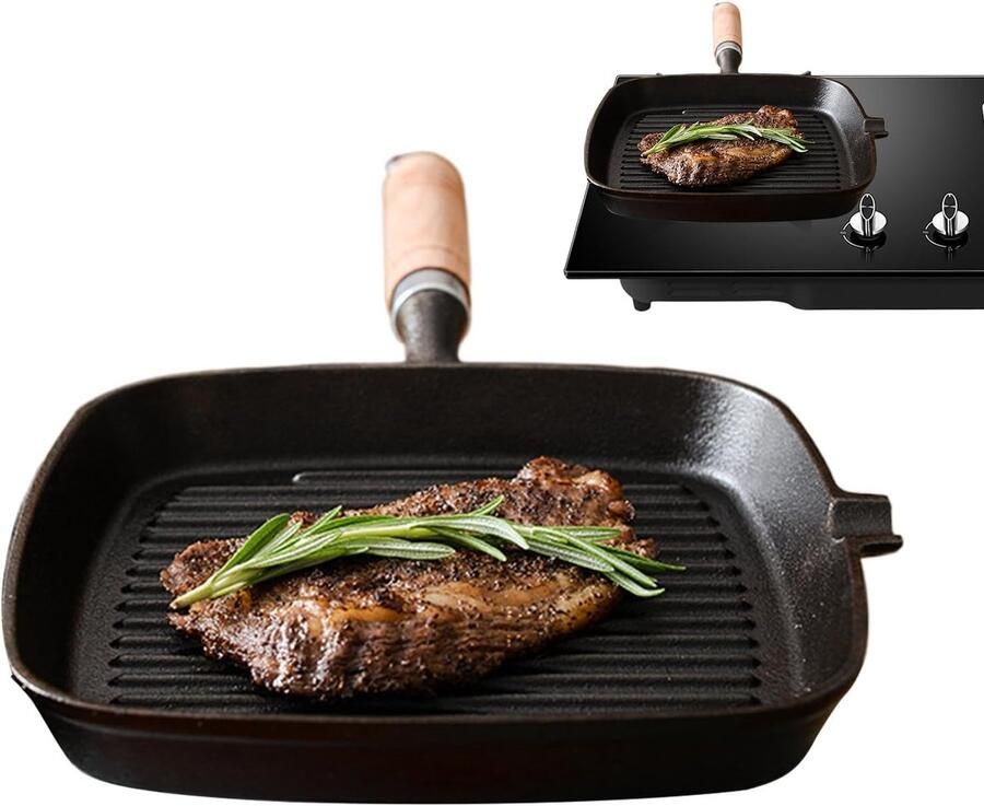 Gietijzeren Grillpan Bakplaat Kookplaat Buiten Koken Ergonomisch Handvat 28 x 24 cm Zwart