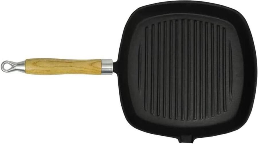Gietijzeren grillpan Bakplaat met handvat Buiten koken Geribbeld kookoppervlak 20x20 cm Zwart