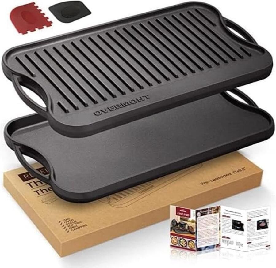 Gietijzeren Grillpan Bakplaat Plaat Koken op vuur Dubbelzijdig ontwerp 43 x 25 cm Zwart