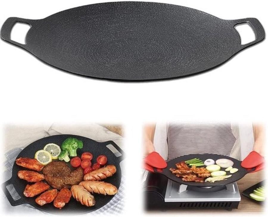 Gietijzeren Grillpan Bakplaat Ronde Pan Buiten Koken Antiaanbak Gecoat 30 32 34 cm Zwart