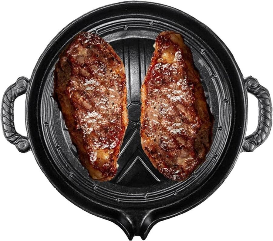 Gietijzeren Grillpan Barbecue Koekenpan Buiten Koken Geribbeld Vet Afvoer Ontwerp 28 cm Zwart