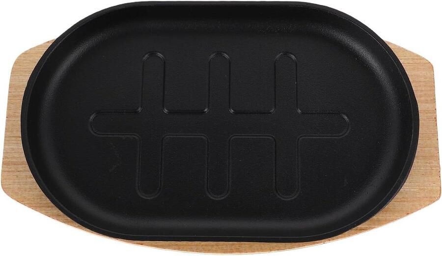 Gietijzeren Grillpan BBQ Pan Koekenpan Koken en Serveren Voorgekruid met Houten Basis 27.5 cm Zwart