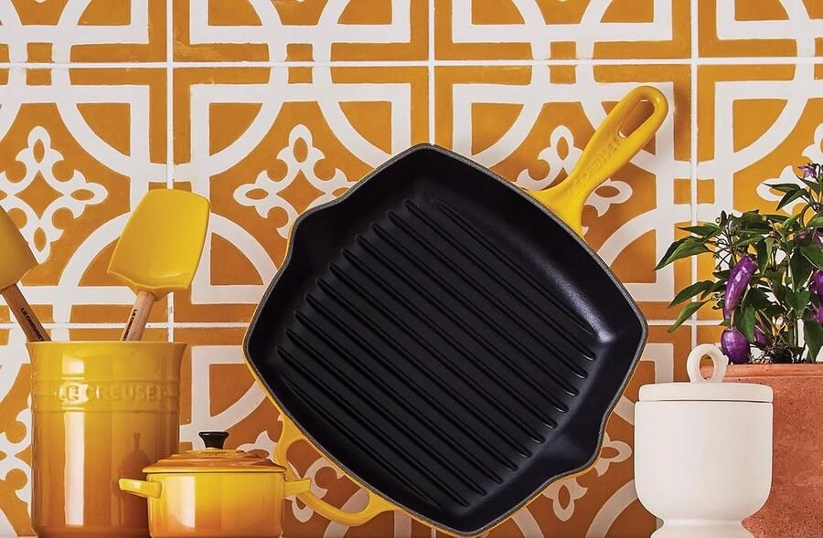 Gietijzeren Grillpan Braadpan Koekenpan Vlees Vis Groenten Twee Schenktuiten 26 cm Geel