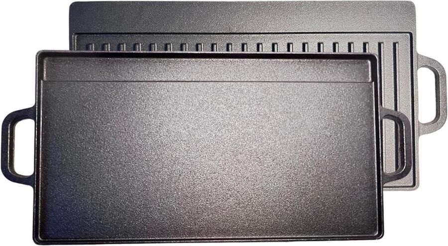 Gietijzeren Grillpan Dubbelzijdige Koekenpan Binnen en Buiten Grillen Antiaanbaklaag 42 x 23.5 cm Zwart