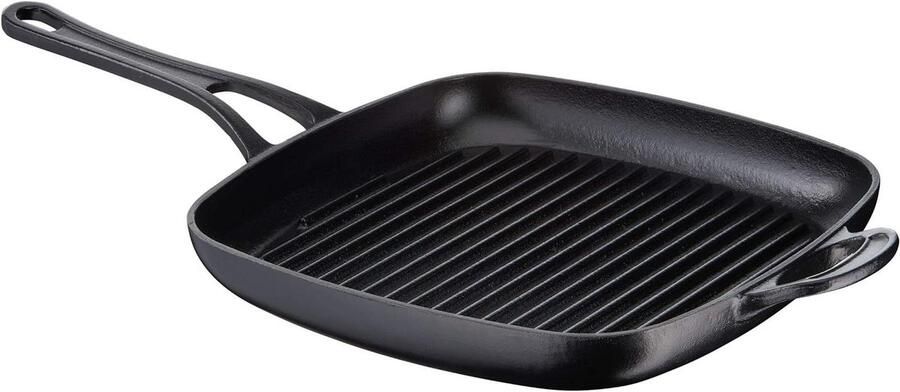 Gietijzeren grillpan Emaille pan Vlees grillen Uitstekende warmteopslag 25x25 cm Zwart