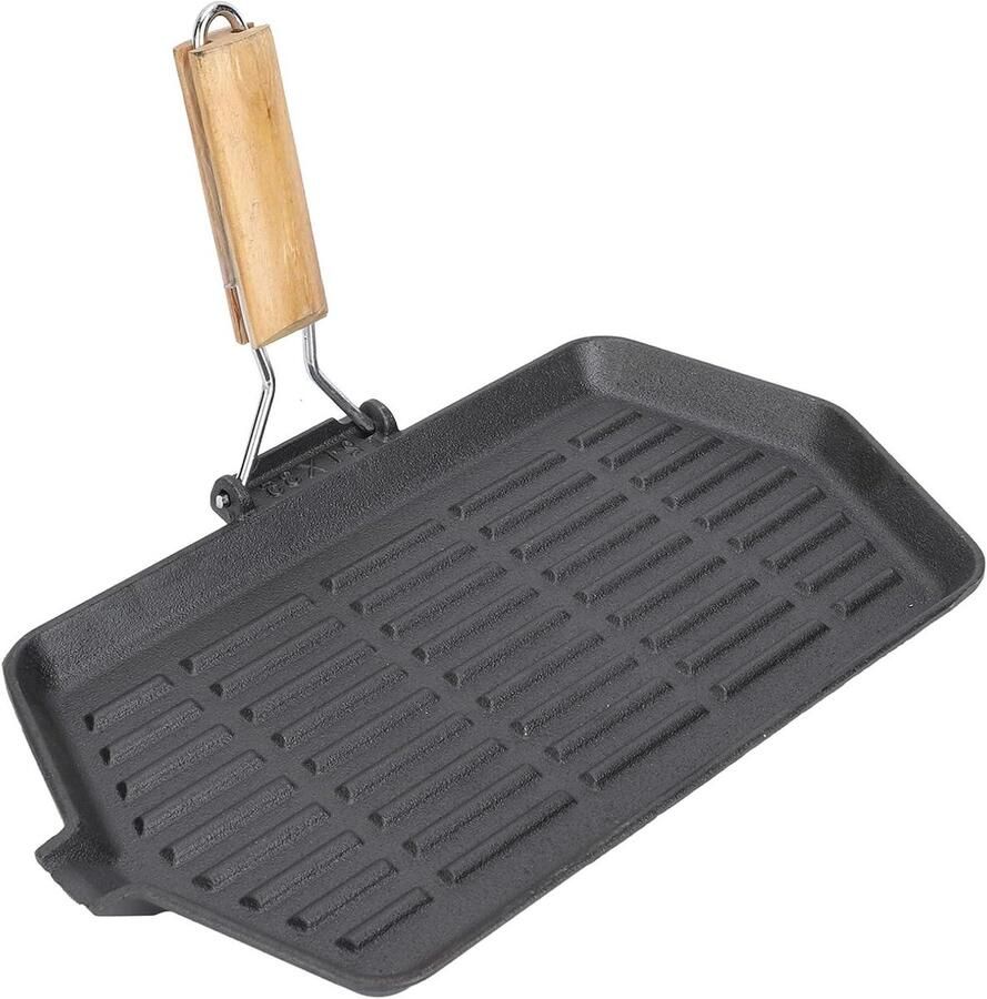 Gietijzeren Grillpan Geribbelde Koekenpan Buiten Koken Opvouwbaar Houten Handvat 34 x 30 cm Zwart