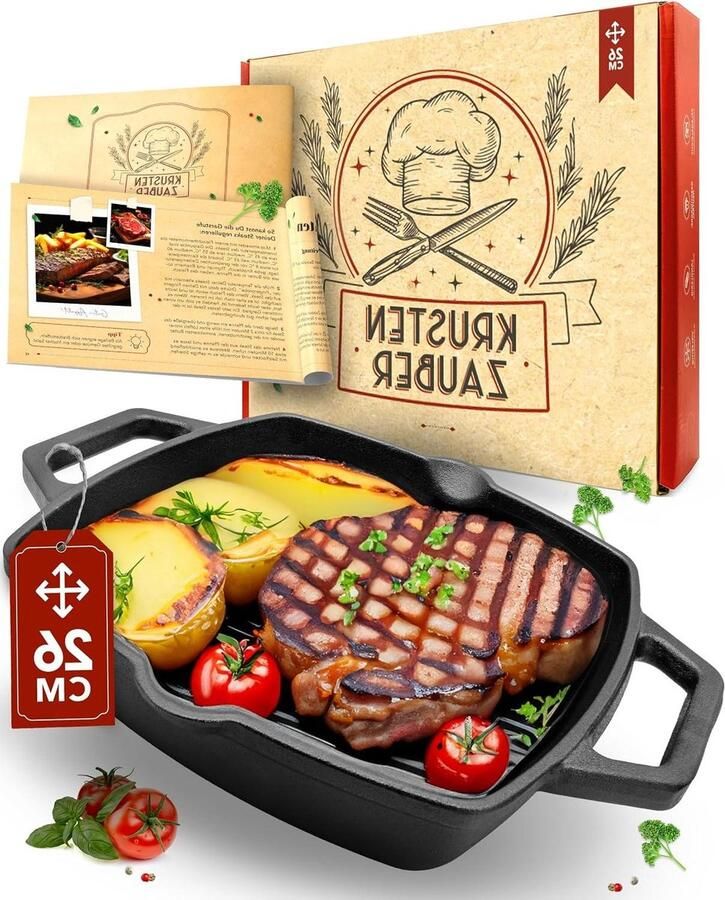 Gietijzeren Grillpan Geribbelde Koekenpan Traditioneel Koken Vrij van PTFE PFOA 26 cm Zwart